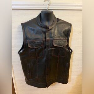 XElement Black Leather Vest with Red Contrast Stitching USA Flag Lining